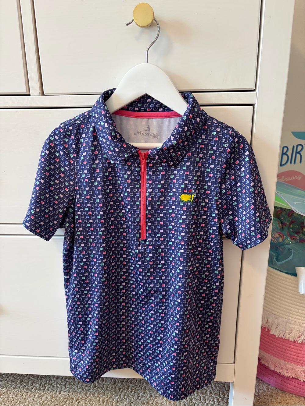 Girls Masters Performance Polo Small Blue Pink Green Print Quarter Zip